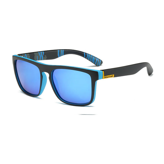 Sunglasses with blue lenses and black frame on a white background