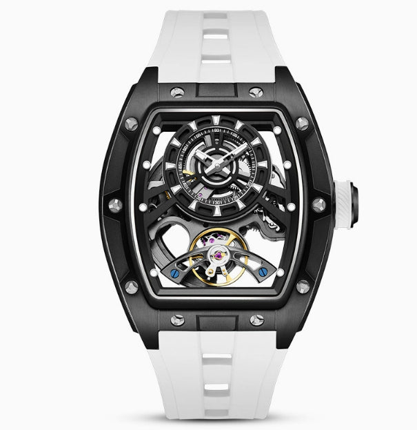 Barrel-shaped transparent automatic mechanical watch with light rubber band and silver case