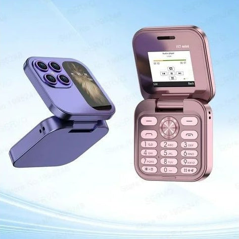 Purple folding flip phone with keypad, display, and dual rear camera window