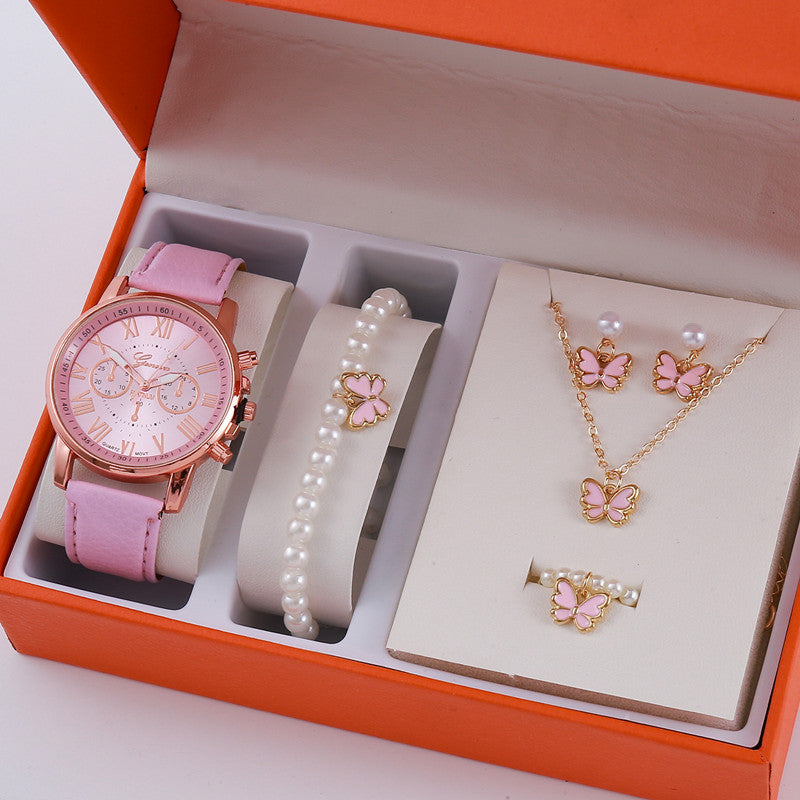 Ladies quartz watch set in box: pink strap watch, white pearl bangle, floral necklace and earrings