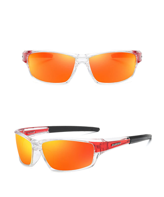 Men's polarized sports sunglasses, clear frame, orange mirrored lenses