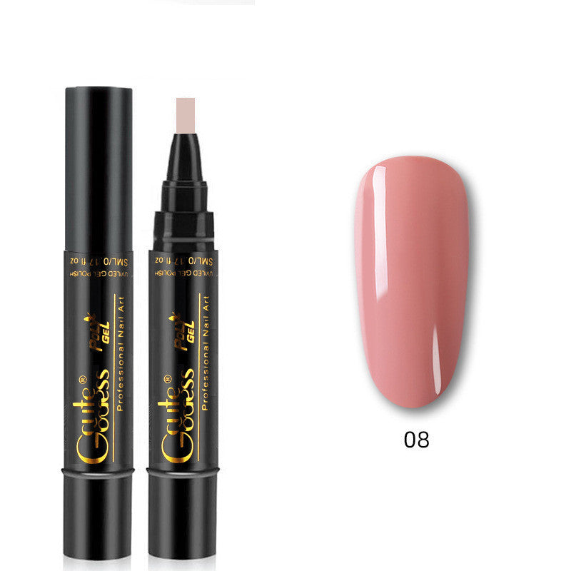 Nail gel polish pen with light beige cap and peach nude nail swatch, color 08
