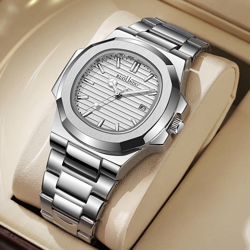 Men's stainless steel quartz watch with silver dial and metal link bracelet