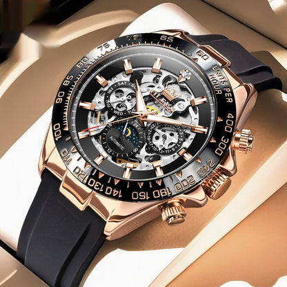 Luxury watch with black strap and rose gold case on a beige background