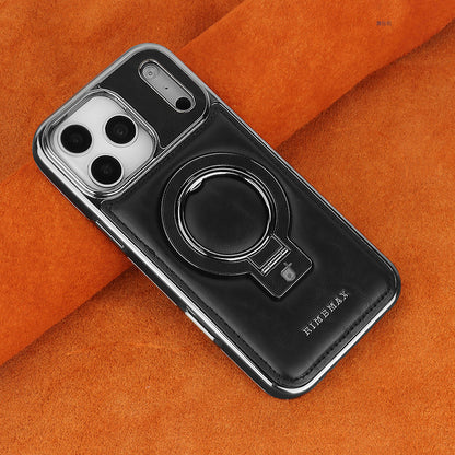Black phone case with ring holder on an orange fabric background