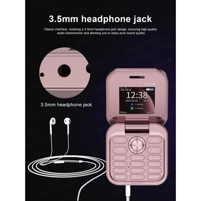 Pink folding flip phone with keypad and display, shown with headphone jack diagram detail