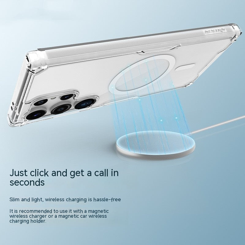 Clear TPU case with magnetic holder dock on a tabletop