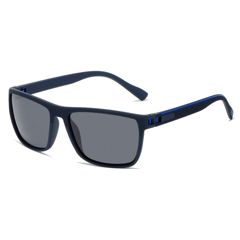 Polarized UV400 driving sunglasses, navy PC frame with dark gray lenses and blue line detail