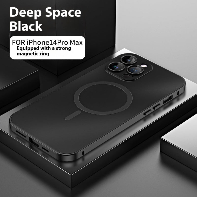 Black phone case for iPhone 14 Pro Max with magnetic ring feature on a gray surface.