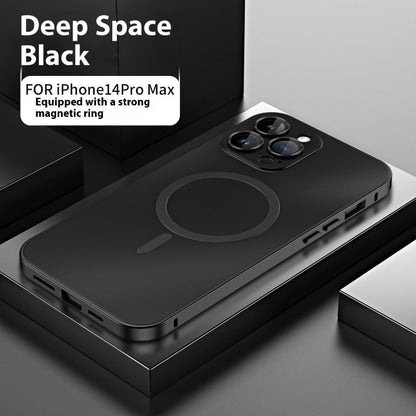 Black phone case for iPhone 14 Pro Max with magnetic ring feature on a gray surface.