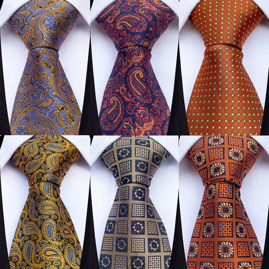 Men's tailored necktie set with paisley and check patterns in blue, purple, orange, gold