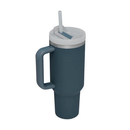 Blue mug with handle and white lid on a white background