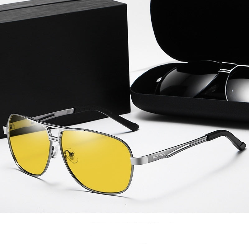 Polarized sunglasses with silver frame, yellow mirrored lenses, black temple
