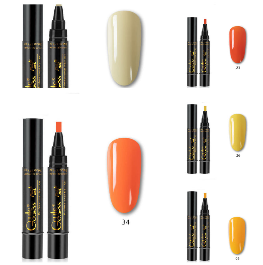 Nail gel glue pens with multiple glossy shade swatches, including orange (34)