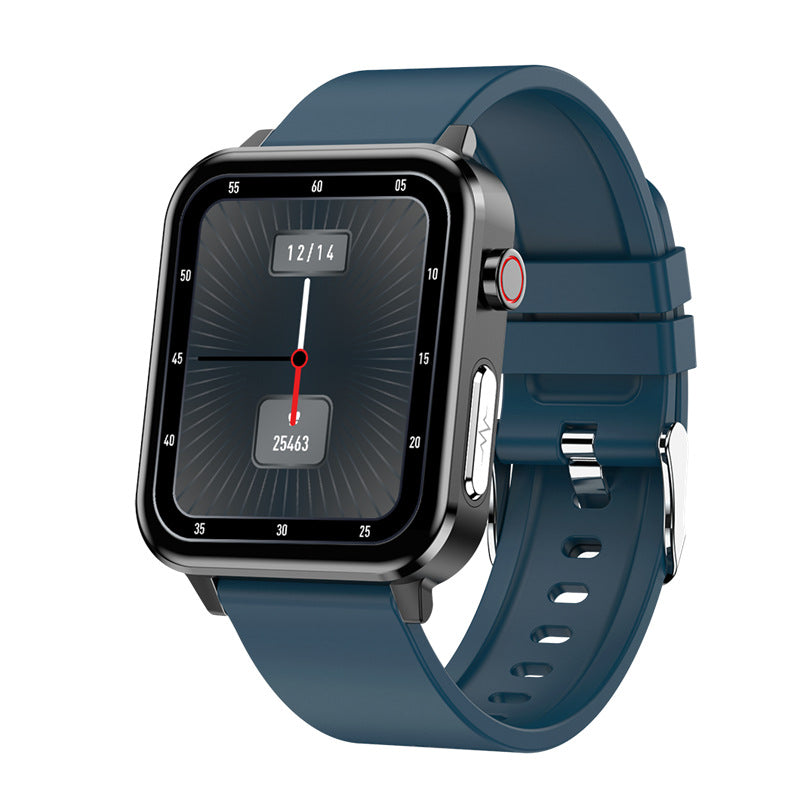 Blue sports smartwatch with black screen and blue rubber strap, metal watch case.