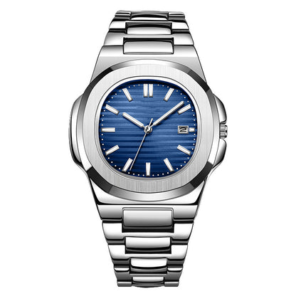 Silver watch with a blue face on a white background