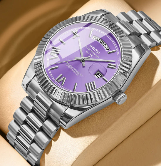 Men's quartz watch with silver steel bracelet and purple dial, ridged bezel detail