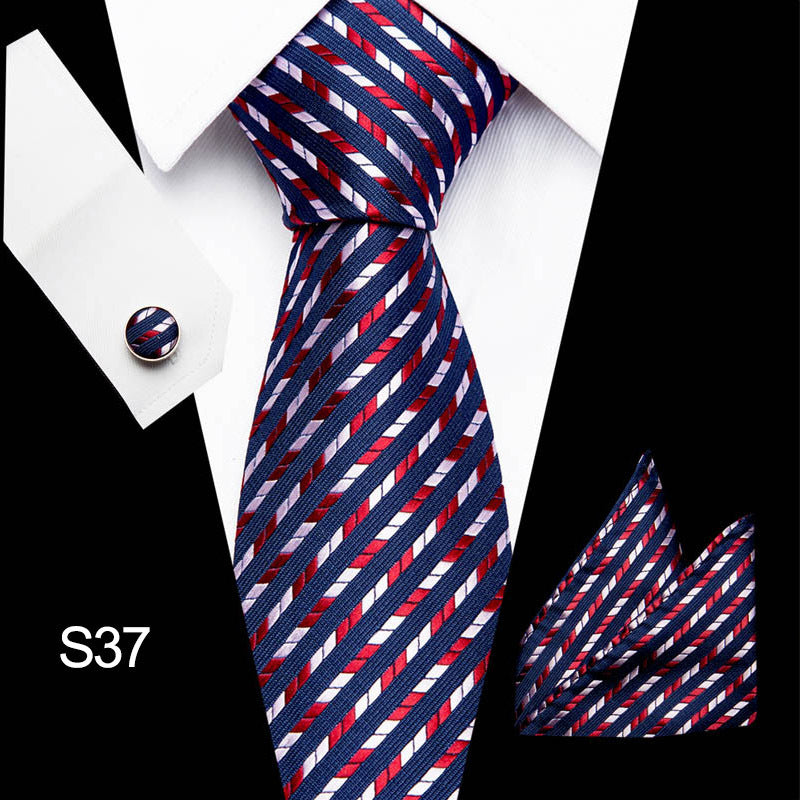 Men's business tie in navy with red and light-blue diagonal stripe pattern