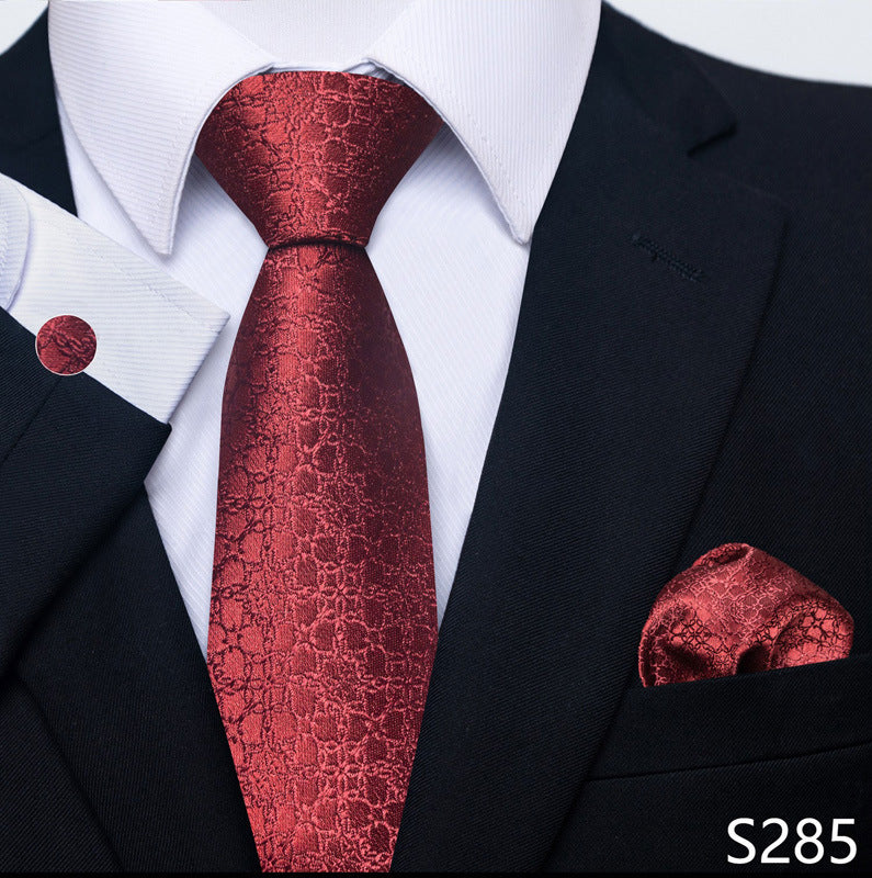Men's formal tie scarf cuff buckle set in burgundy snake texture with tie and pocket square