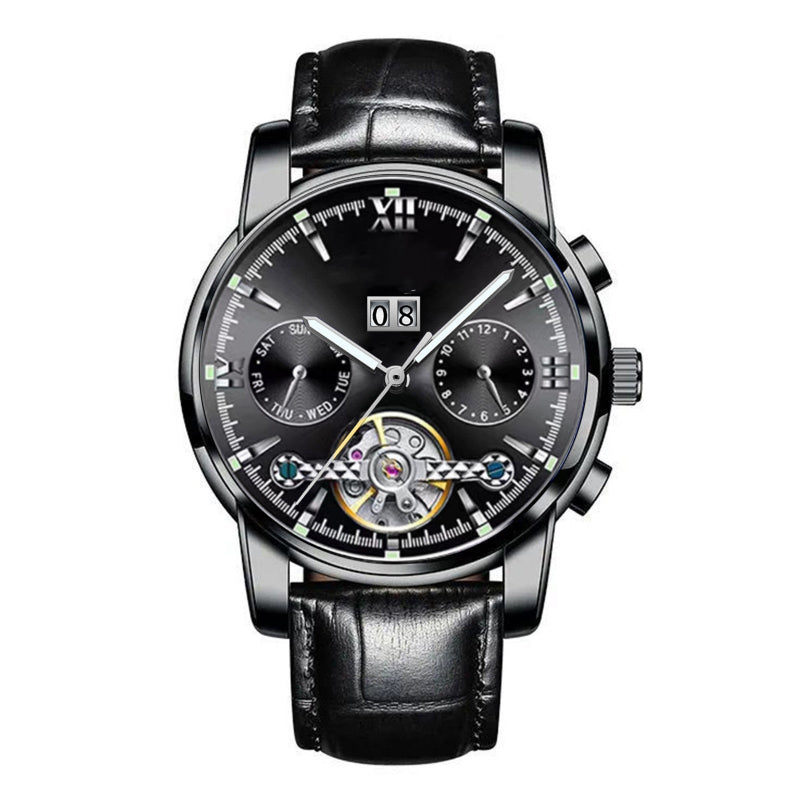 Black wristwatch with detailed face on a white background