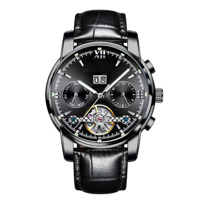 Black wristwatch with detailed face on a white background