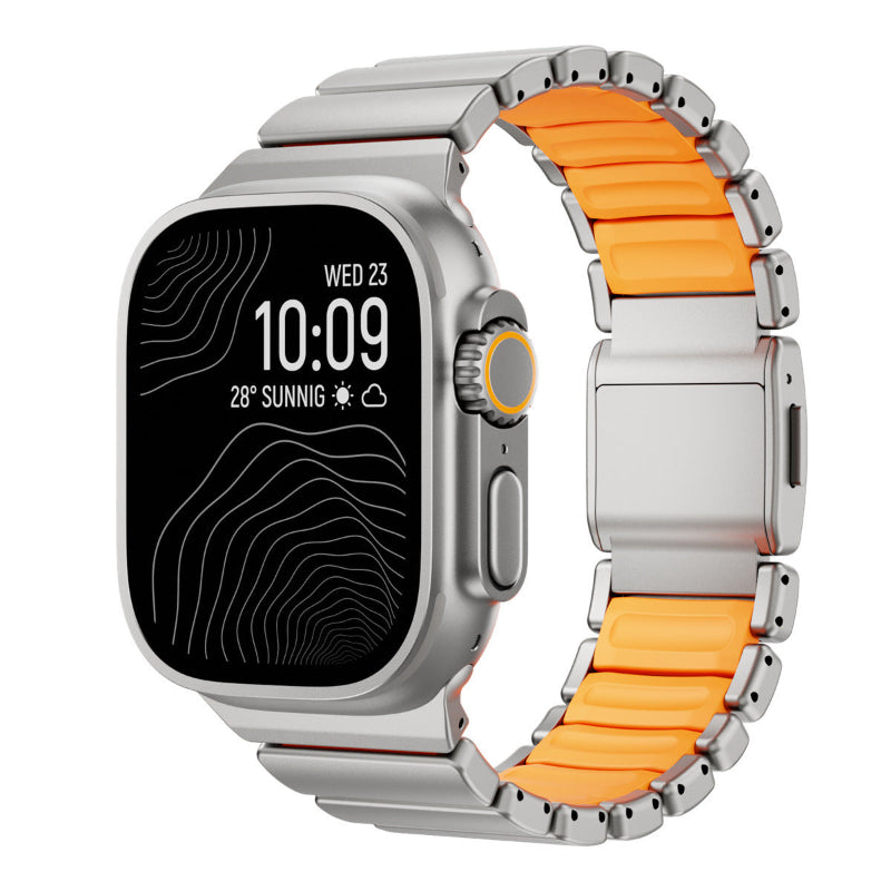 Smartwatch with a silver frame and orange band on a white background
