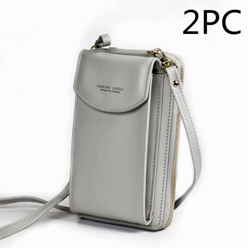 Light gray PU leather crossbody wallet purse with front flap and top zipper, crossbody strap