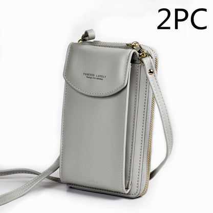 Light gray PU leather crossbody wallet purse with front flap and top zipper, crossbody strap