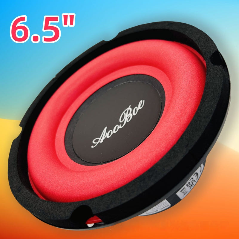Car audio woofer speaker with red cone, black frame, and centered dust cap