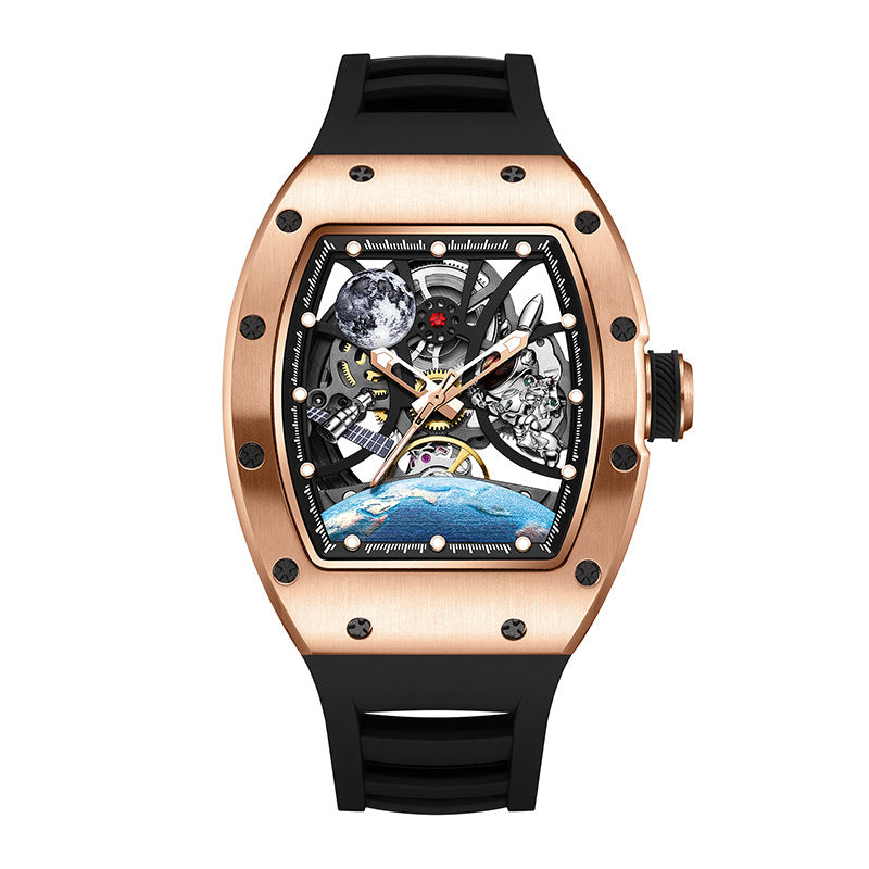 Luxury watch with rose gold case and black strap on white background