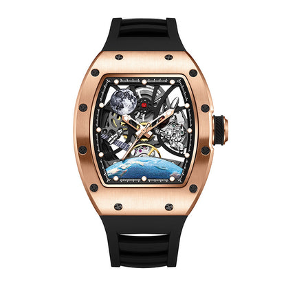 Luxury watch with rose gold case and black strap on white background