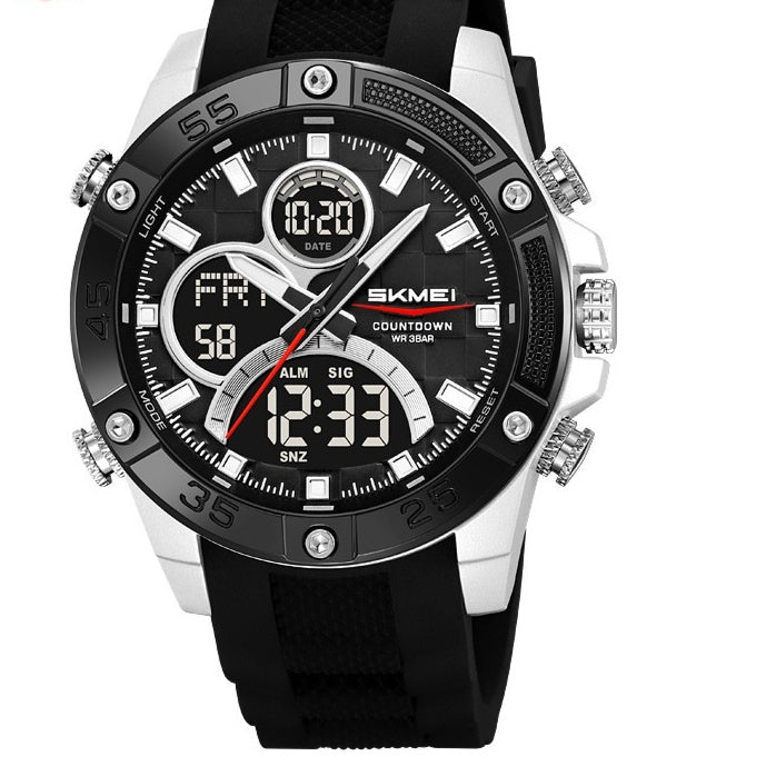 Men’s waterproof digital watch with black dial, white bezel segments, and black rubber strap