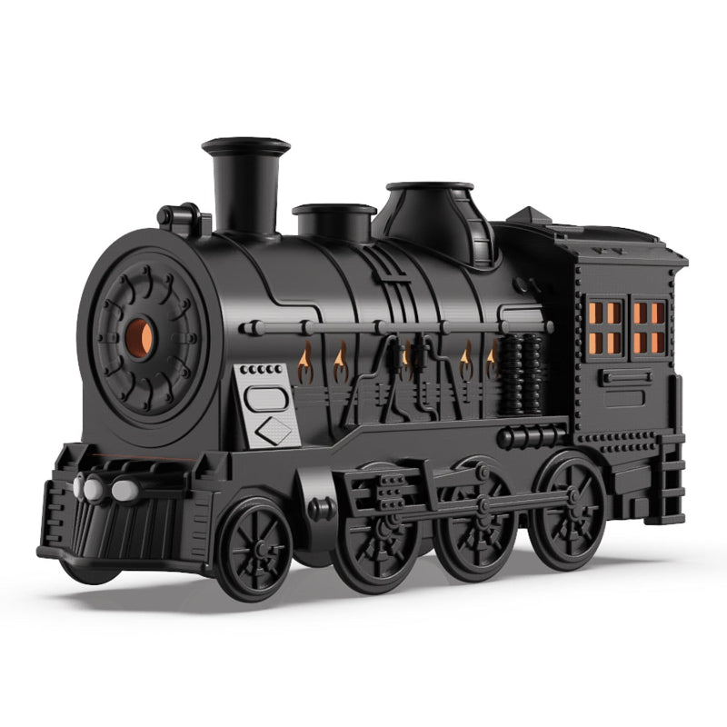 Black ultrasonic humidifier diffuser shaped like a train engine with glowing window LEDs