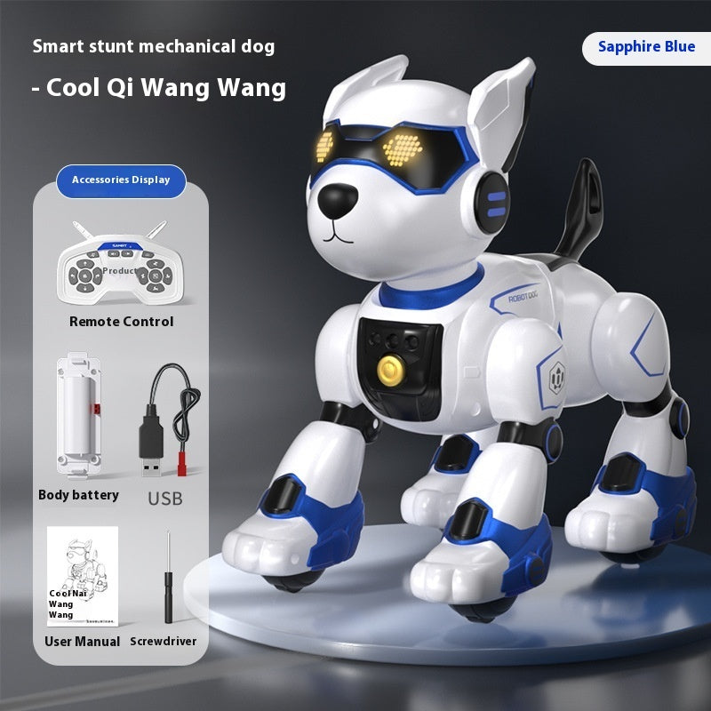 Smart stunt mechanical dog toy with remote control and accessories on a dark background