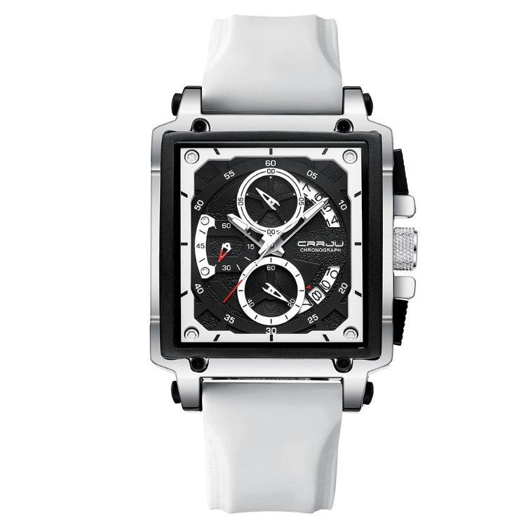 Sport square quartz watch with white silicone strap, silver case, black multi-dial face