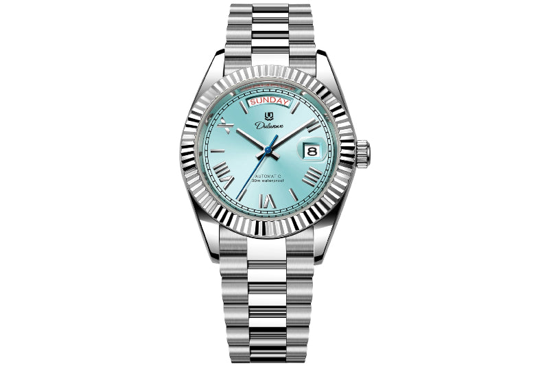 Stainless steel automatic men's watch with light mint dial and dual calendar windows