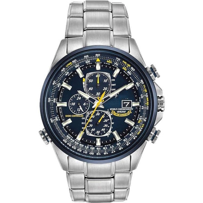 Silver wristwatch with a detailed face on a white background