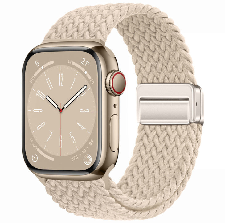 Smartwatch with a beige woven strap on a white background