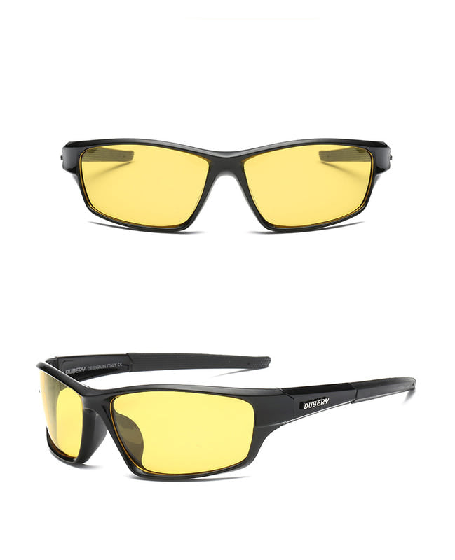 Men's polarized sports sunglasses, black frame, yellow mirrored lenses