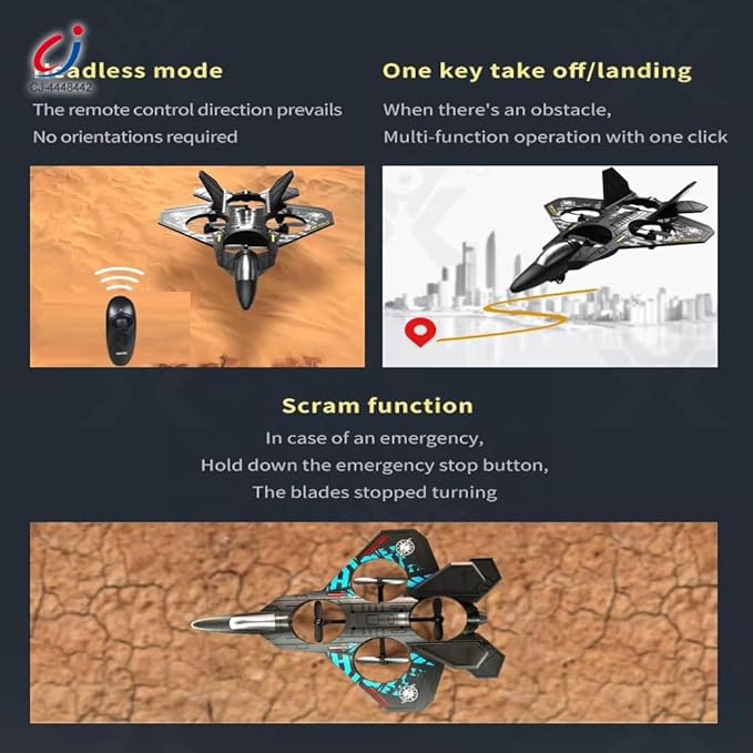 Instruction graphic for remote control fighter jet: one-key takeoff/landing, emergency stop