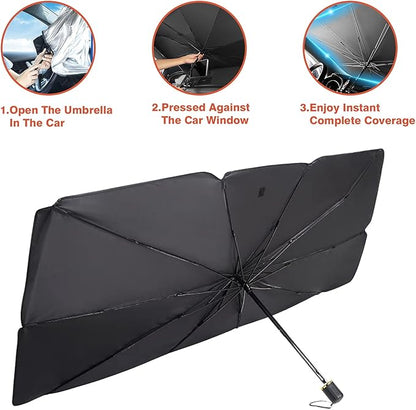 Black foldable car windshield sun umbrella with pointed shade and handle