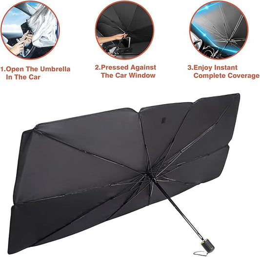 Black foldable car windshield sun umbrella with pointed shade and handle