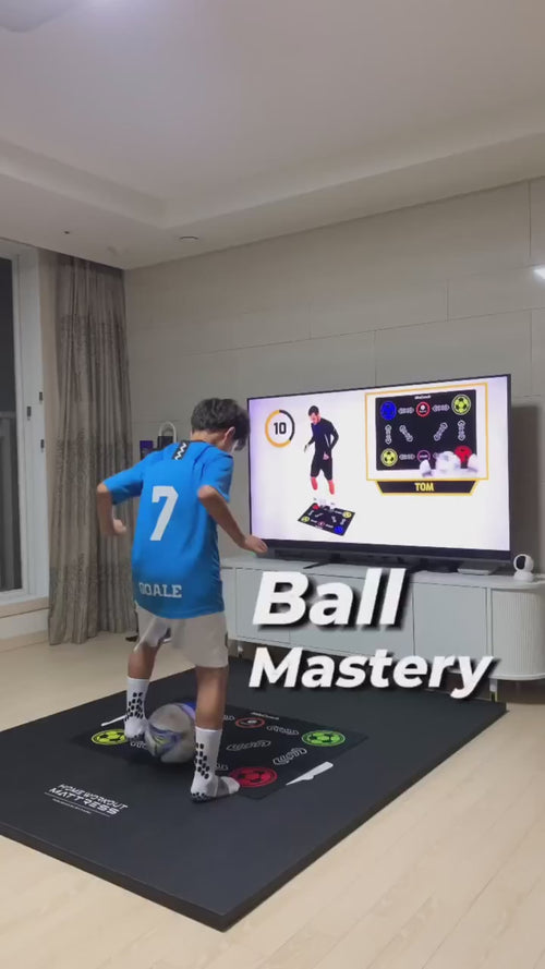 Indoor soccer training mat with circular goals and arrow pathways