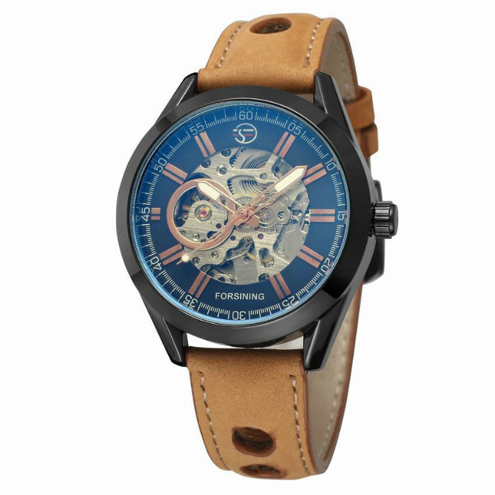 Black case skeleton mechanical watch with tan stitched leather strap, blue skeleton dial