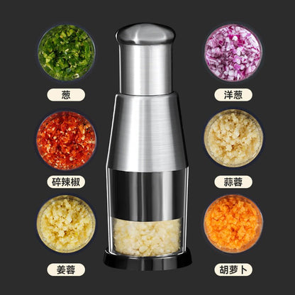 Manual chopper filled with minced garlic, shown with chopped vegetable examples