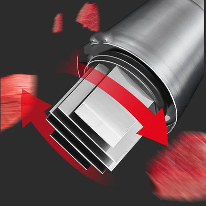 Chopper's stainless steel cutting blade shown slicing vegetables