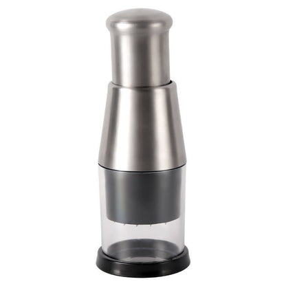 Manual chopper with stainless steel plunger, clear cup, and black base