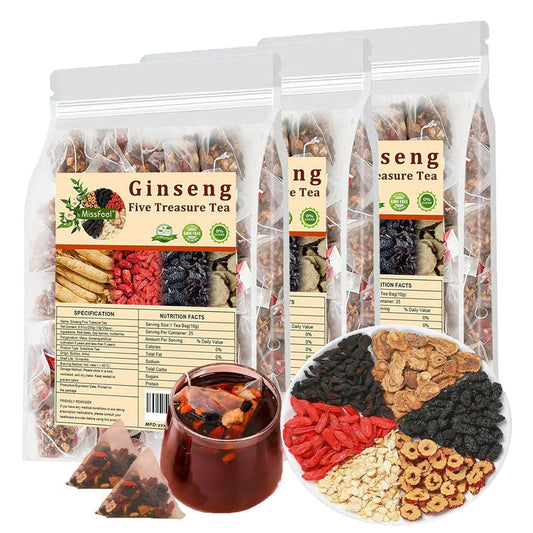 Ginseng five treasure tea bags in clear pouches with ingredient assortment photo