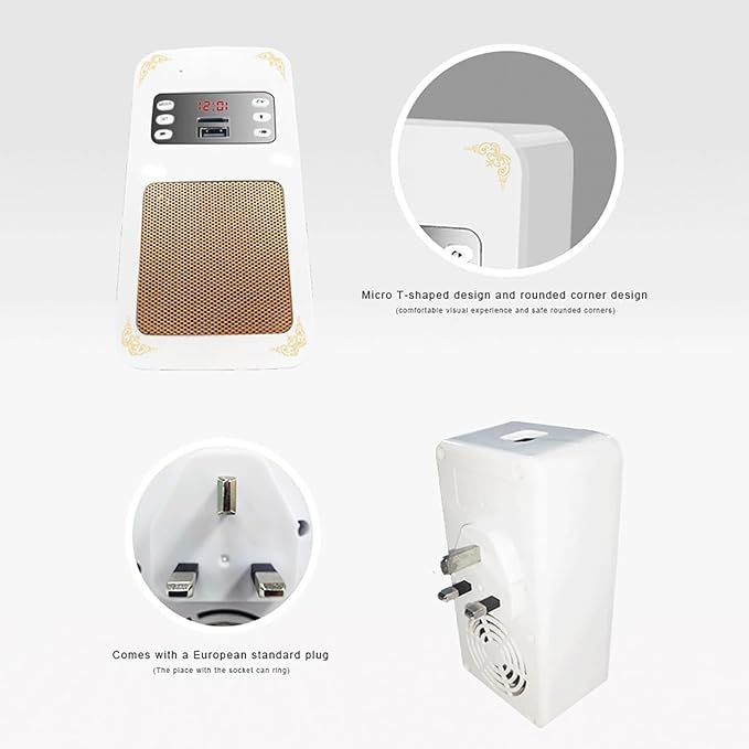 Honton SQ669 Quran speaker with gold grille, digital display, rounded corners, and European plug