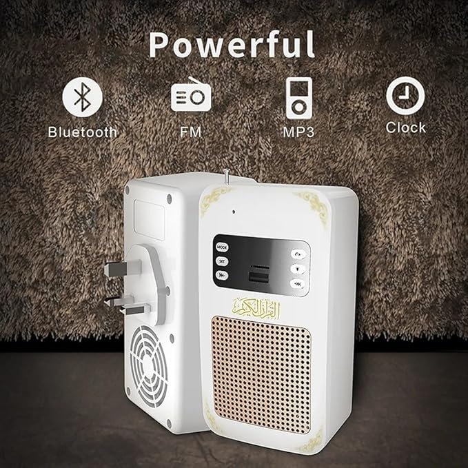 Honton SQ669 Quran speaker with gold grille, digital display, and built-in European plug